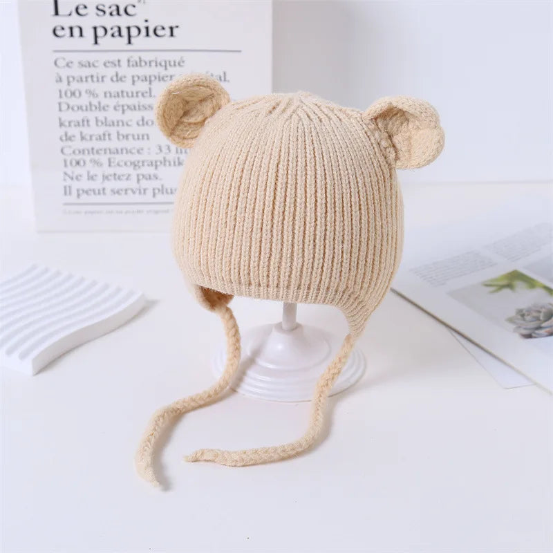 Bear Baby Ear Protection Woolen Cap Solid Color Toddler Beanie Children Knitted Hat 1-4 Years Boy Girl Kids Winter Warm Headgear
