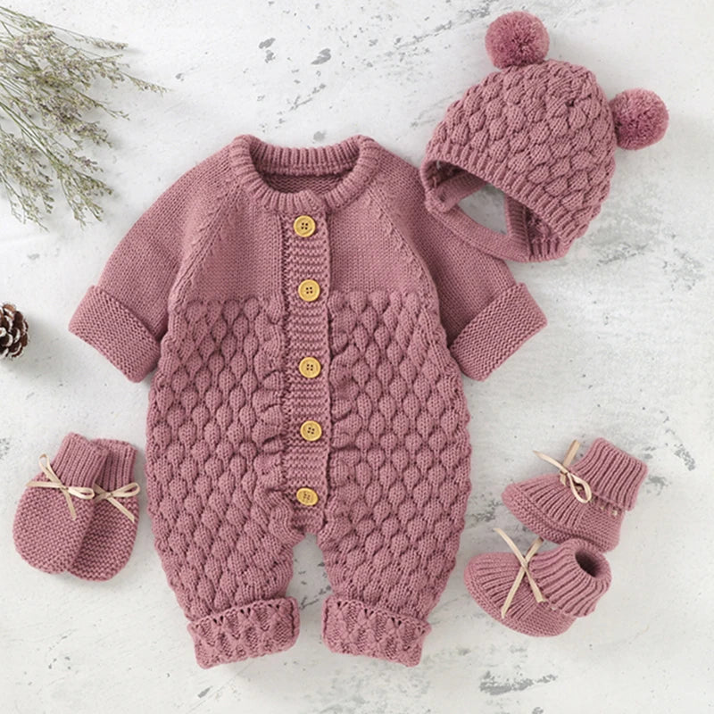 0-24M Newborn Baby Romper Shoes Gloves Set Knit Girl Boy Jumpsuit Boot Mitten Solid Toddler Infant Long Sleeve Knit Clothing