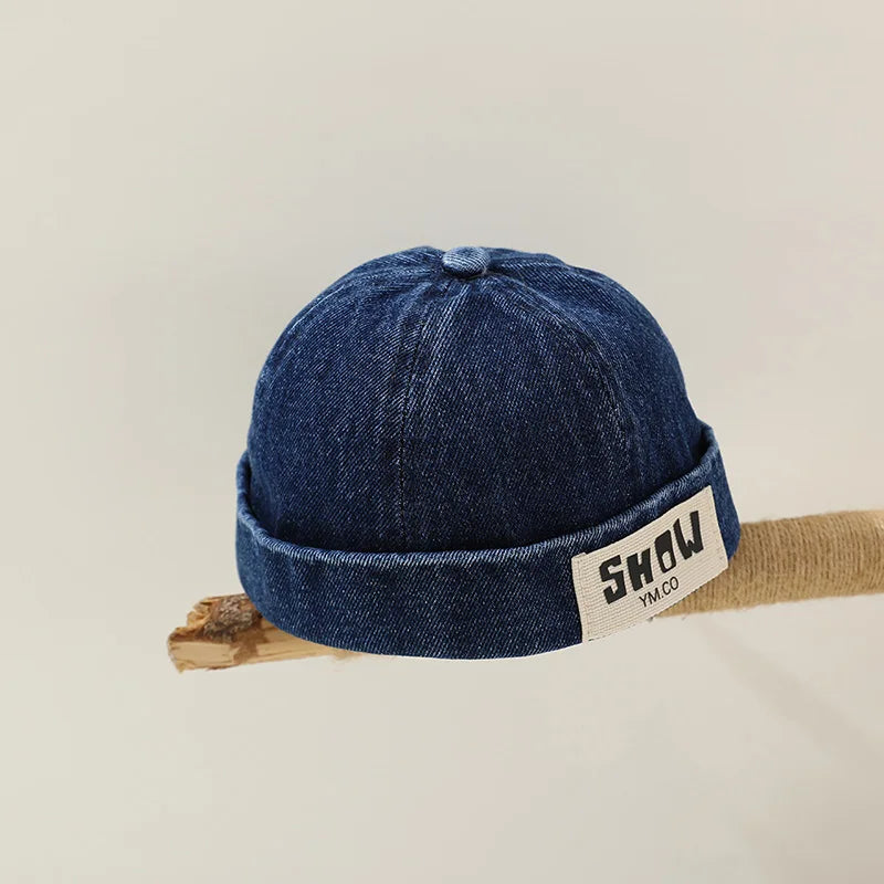 Korean Denim Melon Capfor Baby Hip Hop Letter Embroidered Brimless Hat Adjustable Kids Landlord Hats Retro Dome Docker Beanies
