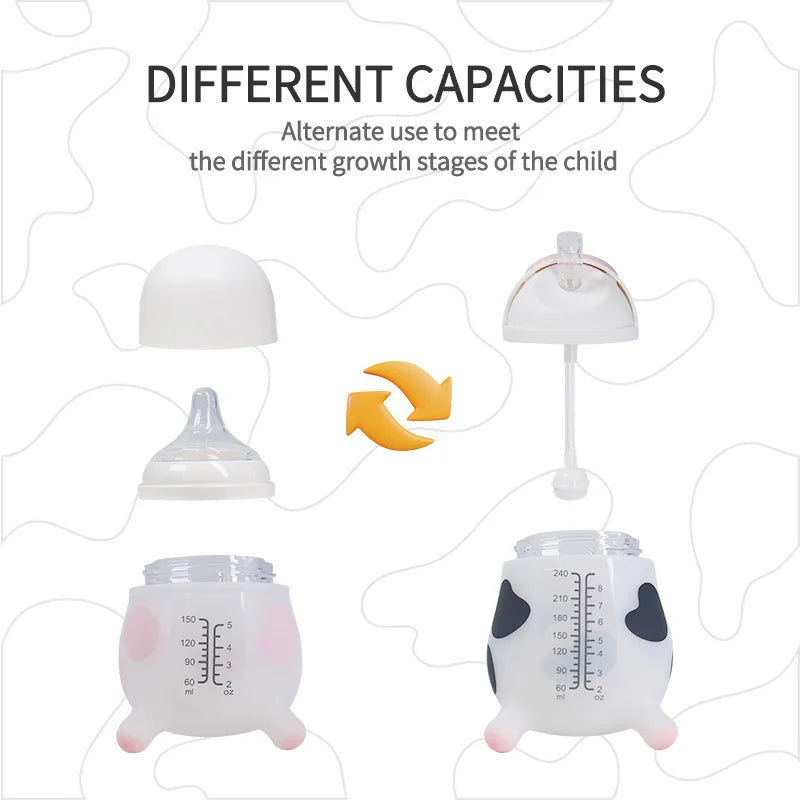 2 PCS Baby Milk Bottle 150/240ml Silicone Bottle Cute Cow Shape 5cm Wide Neck Pacifier Baby Bottles 100% Food Grade Silicone