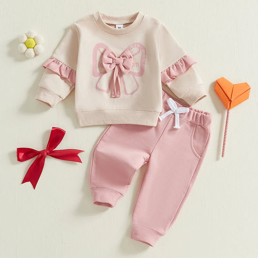 Pudcoco Baby Girls 2-piece Outfit, Long Sleeve Crew Neck Bow Sweatshirt with Elastic Waist Sweatpants Fall Clothes 0-3T