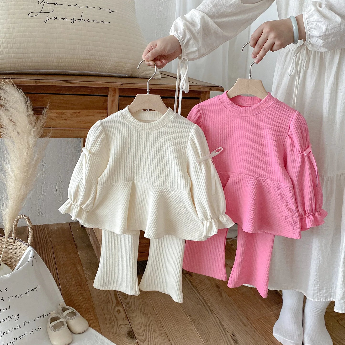 2025 Autumn New Children Long Sleeve Clothes Set Girls Cute Bow Loose Tops + Flared Trousers 2pcs Suit Cotton Kids Girls Outfits