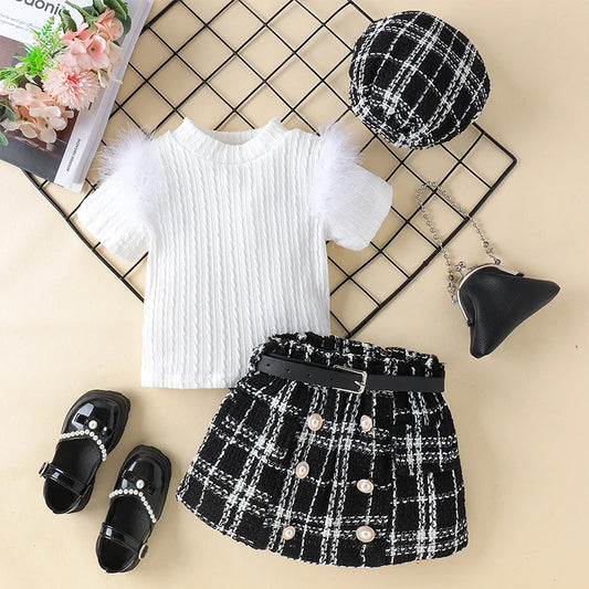 FOCUSNORM 0-4Y Fashion Kids Girls 3Pcs Clothes Sets Outfits Fur Short Sleeve Ribbed Tops + Plaid Belt Skirt + Hat
