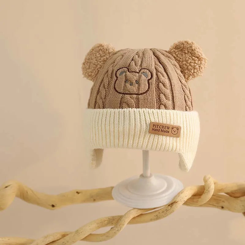 Cute Bear Baby Earmuffs Cap Winter Warm Kids Plush Pullover Hat 6-36Month Toddler Beanies Thicken Velvet Children Crochet Bonnet