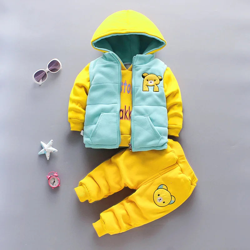 2023 Winter Baby Boy Clothes Sets Autumn Cotton Thick Warm Hooded Sweater Cartoon Cute Bear Three-Piece Baby Girl Suit 0-5Y