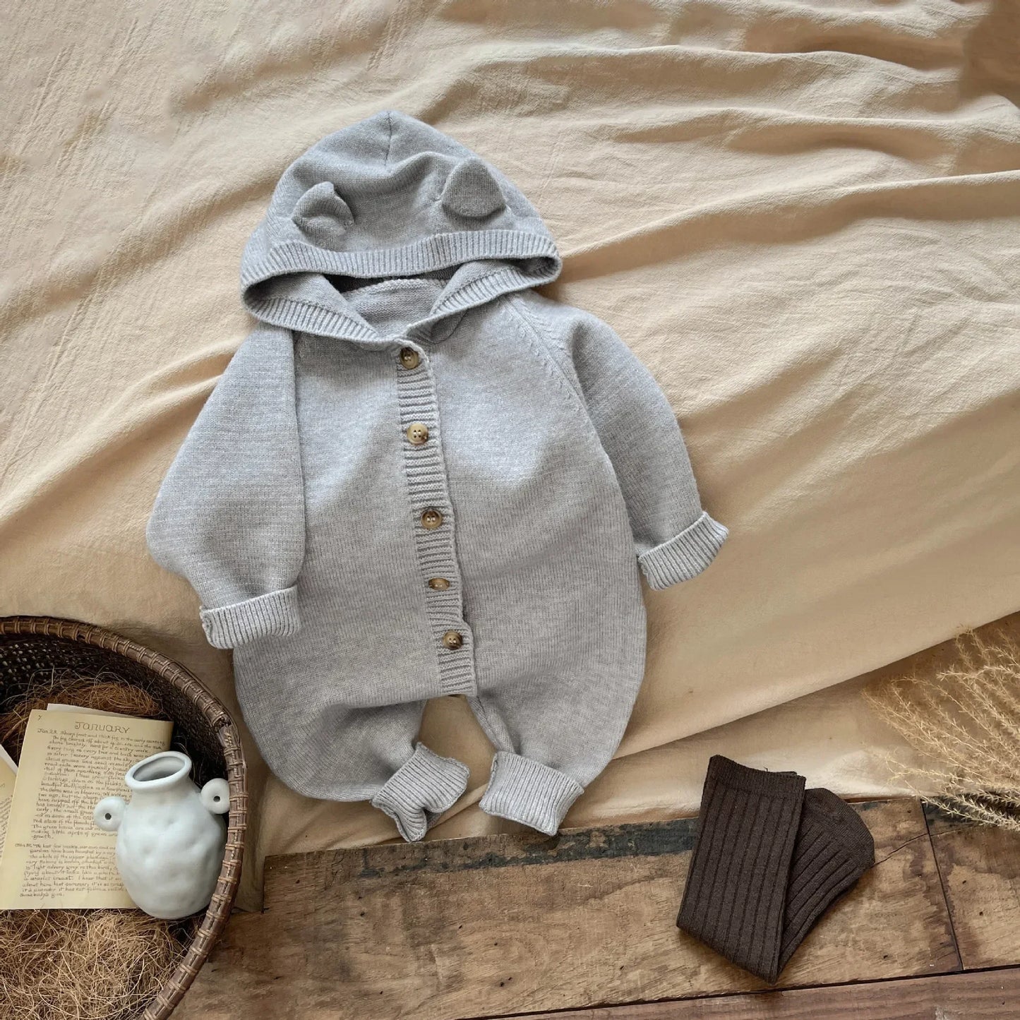 4621 Baby Clothes 2024 Autumn Knitted Cartoon Boy's Jumpsuit Cute Rabbit Ear Girl's Climbing Clothes