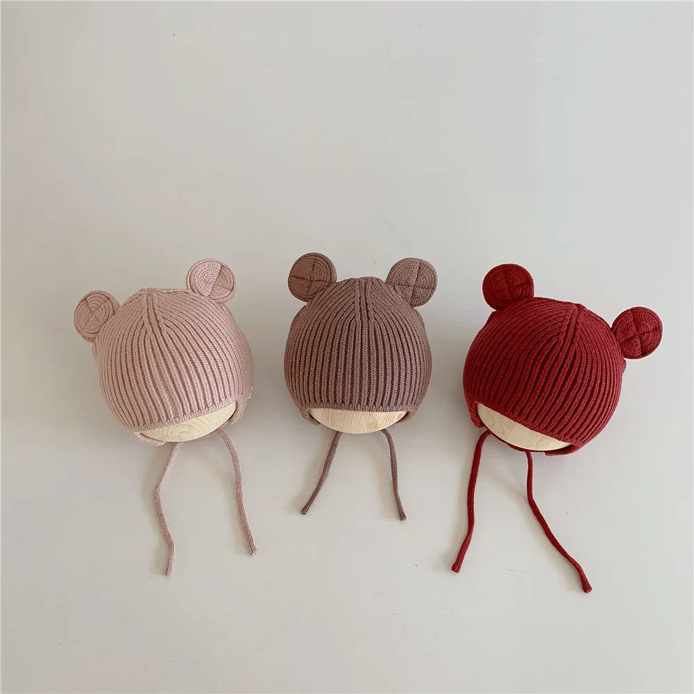 Bear Baby Ear Protection Woolen Cap Solid Color Toddler Beanie Children Knitted Hat 1-4 Years Boy Girl Kids Winter Warm Headgear
