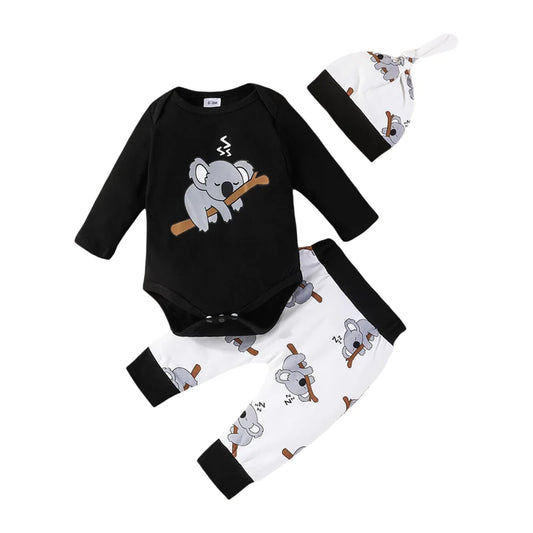 Pudcoco Infant Newborn Baby Boys Outfits Koala Long Sleeve Crew Neck Romper Elastic Waist Long Pants Hat 3Pcs Clothes Set 0-18M