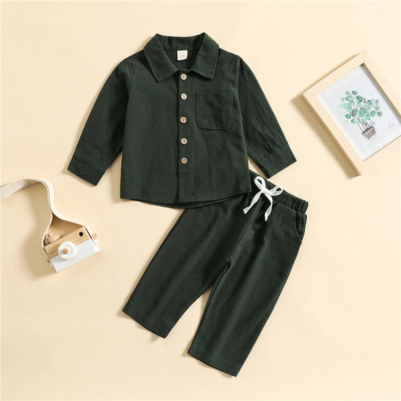 Kids Boys Autumn Clothes Set Solid Color Long Sleeve Button Up Shirt Tops and Elastic Casual Drawstring Pants Outfits