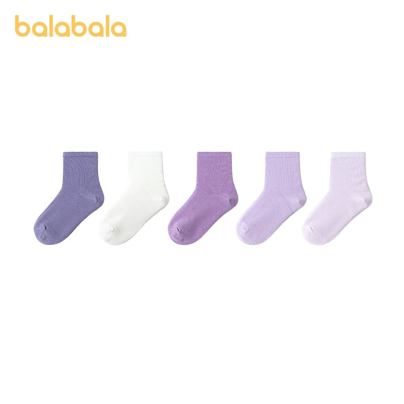 Balabala 5 Pairs Socks Boys Girls 2024 Spring Autumn New Cotton Mid-Calf Socks Solid Colors Comfortable Five Pairs Pack