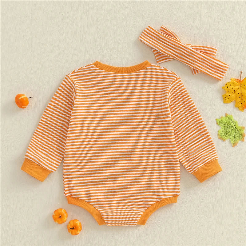 Newborn Baby Girl Halloween Outfit Ghost Pumpkin Pattern Striped Crew Neck Long Sleeve Romper with Headband 2 Pcs Set for Fall