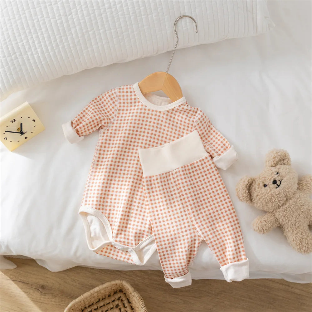 2024 Autumn Baby Pajamas Set 0-2Y Toddler Boys Plaid Bodysuit+Pants Underwear 2Pcs Girls Homewear Suit Toddler Sleep Clothing