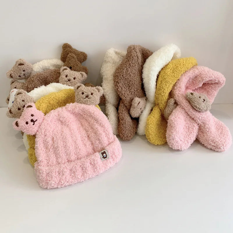 Winter Baby Plush Hat Scarf Set Cartoon Bear Beanies Warm Velvet Infant Neckerchief 6-24Month Kids Ear Protection Pullover Cap