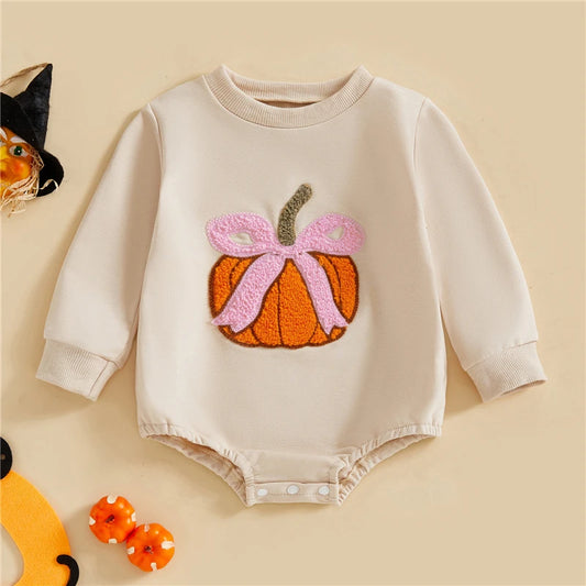 Baby Girls Halloween Sweatshirt Romper Pumpkin Bow Embroidery Long Sleeve Round Neck Bubble Jumpsuit Toddler Infant Clothes