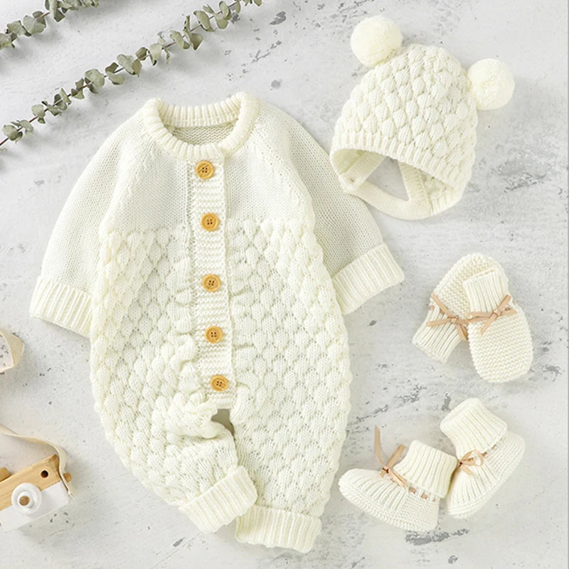 0-24M Newborn Baby Romper Shoes Gloves Set Knit Girl Boy Jumpsuit Boot Mitten Solid Toddler Infant Long Sleeve Knit Clothing