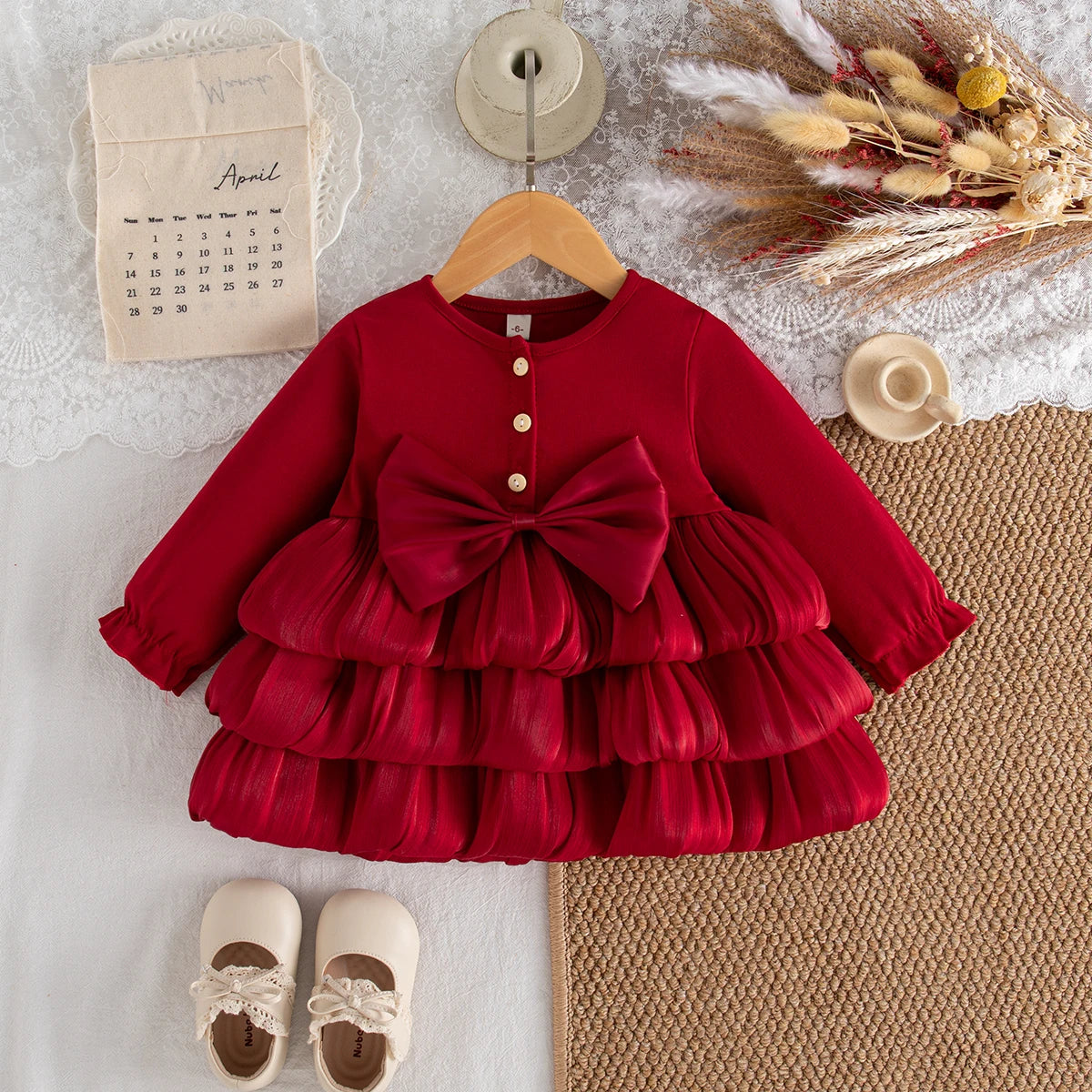 Baby Girl Dress Spring/Fall Red Long-Sleeve Bow Girls Dress Adorable Christmas Baby Dress Baby Girl Clothing