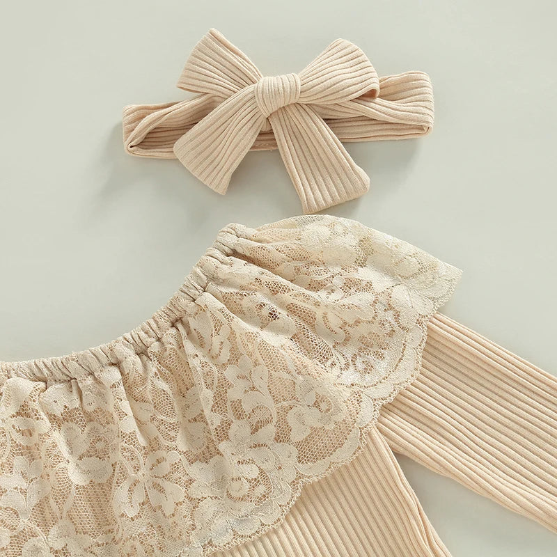 2022-10-28 Lioraitiin 0-24M Kids Girls 2Pcs Pants Suit Long Sleeve Round Neck Lace Romper Tops Denim Bell-Bottoms Headband