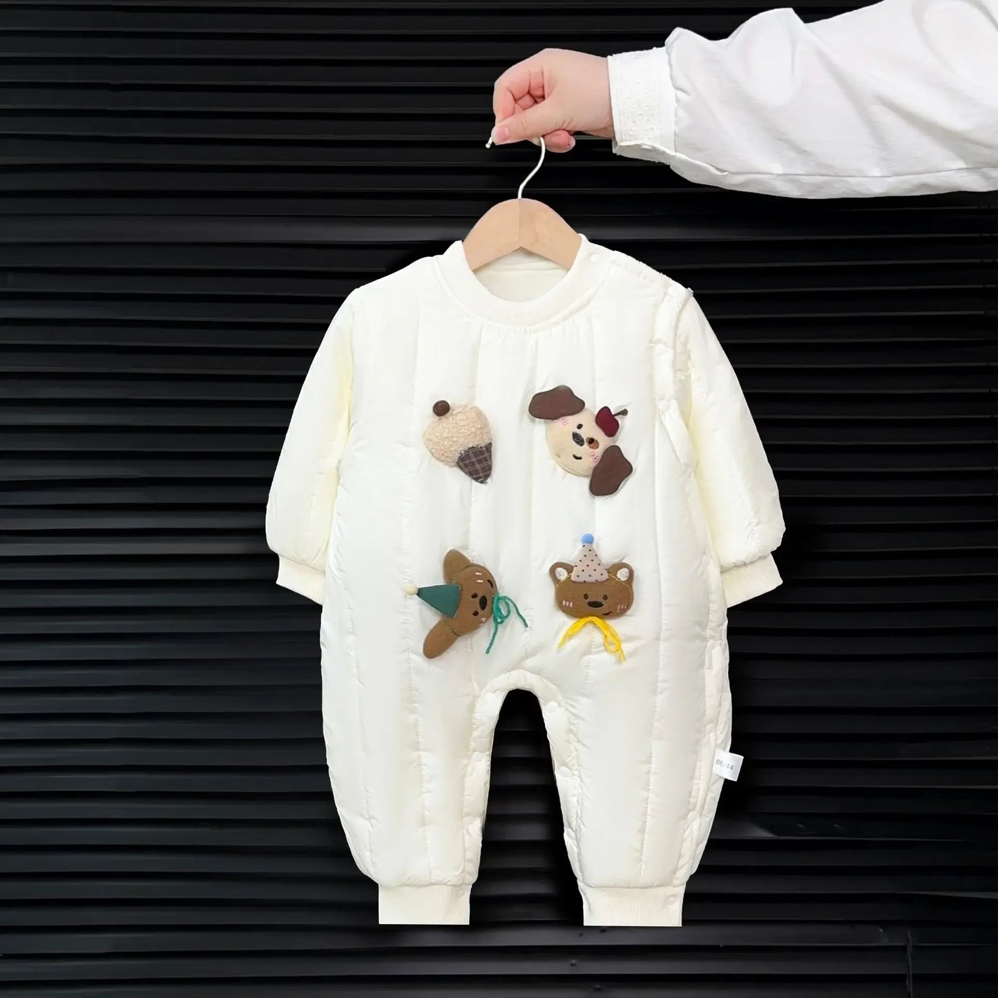 Newborn Baby Onesie Quilted Cotton Romper with Cute Plush Toy Appliques Easy Button Jumpsuit Winter Outdoor Wear