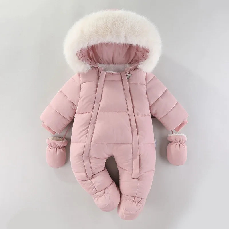Winter Newborn Baby Girl Clothes Thicken Baby Romper With Gloves Warm Baby Jumpsuit Hooded Plus Velvet Children's Clothing 0-18M