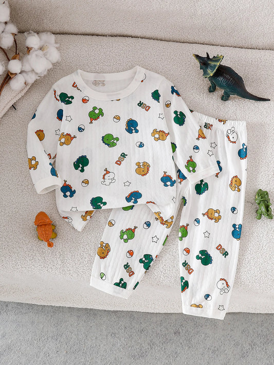 Baby boy spring and autumn thin long sleeved knitted cute full width handsome dinosaur pattern top+casual pants pajama two-piece