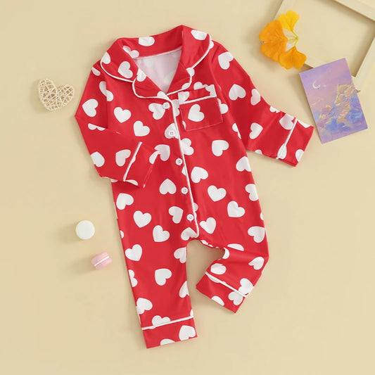 0-24M Baby Pajamas Jumpsuits Heart Print Lapel Button Up Long Sleeve Romper Boys Girls Sleepwear Newborn Infant Clothes Homewear