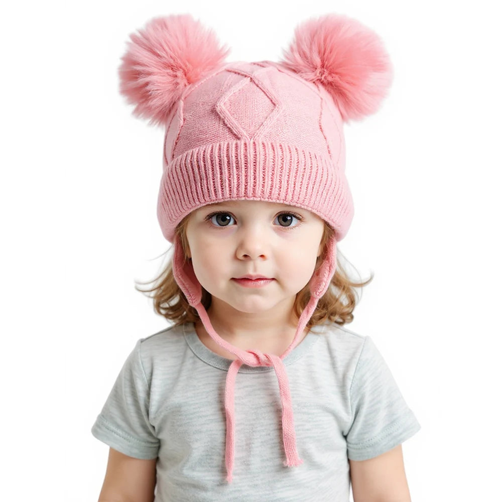 New Autumn Winter Double Ball Knitted Baby Hat for Girls Boys Baby Straps Bonnet with Earmuffs Outdoor Kids Ear Protection Hat