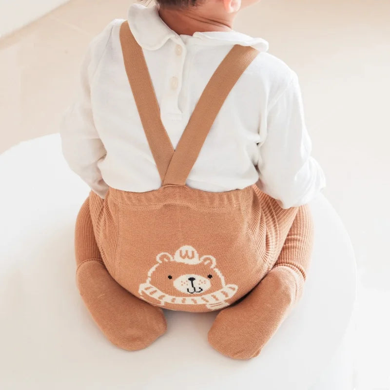 Newborn Baby Tights For Girls Boys Casual Infant Leggings With Shoulder Strap Cartoon Knitted Toddler Pantyhose Autumn New 0-3Y