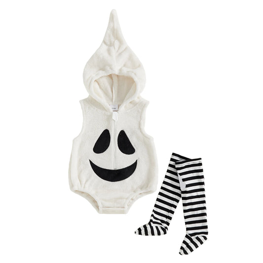 Baby Cosplay Costume Sleeveless Hooded Ghost Romper with Striped Stockings Halloween Clothes for Girls Boys
