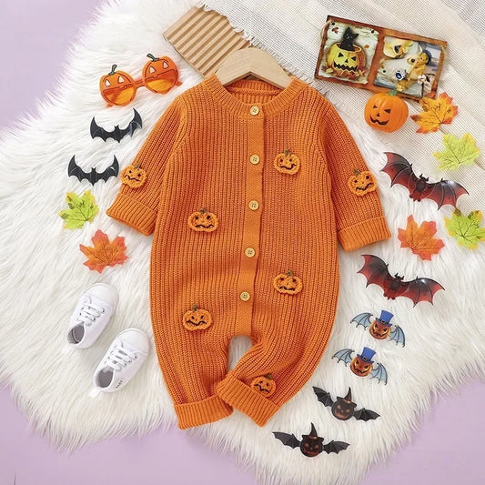 2025 Halloween Baby Knitted Romper 3D Pumpkin Applique Newborn Onesie 0-18M  Autumn  Winter Toddler Jumpsuit Festival Outfit