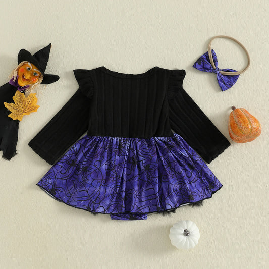 0-18 Months Baby Girl Halloween Romper Dress Cartoon Bat Long Sleeve Round Neck Jumpsuit with Bow Headband