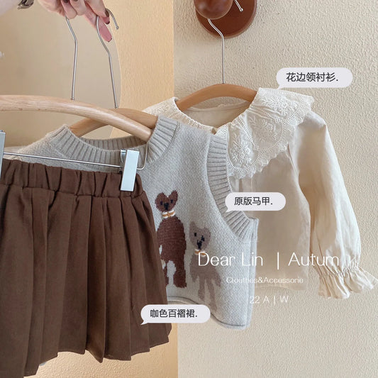 Girls Sweet Suits Autumn Outfit Baby College Spring  Pleated Skirt+Sweater Vest+Shirt 3Pcs Sets Kids