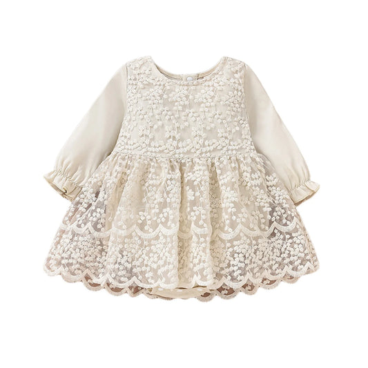 Kid Infant Baby Girl Romper Dress, Long Sleeve Round Neck Patchwork High Waist Lace Floral Party Dress 0-18M