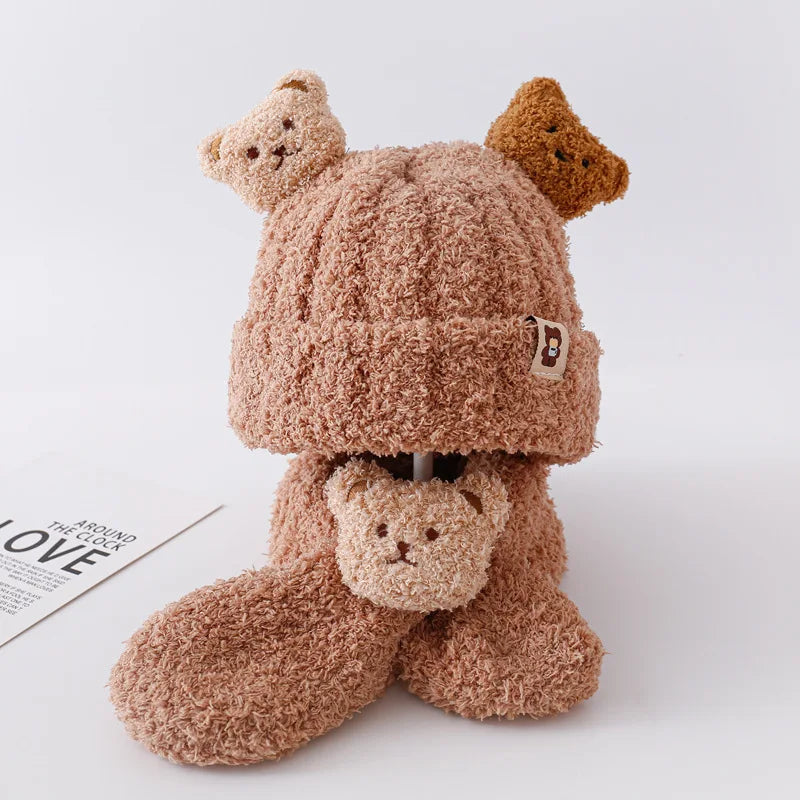 Winter Baby Plush Hat Scarf Set Cartoon Bear Beanies Warm Velvet Infant Neckerchief 6-24Month Kids Ear Protection Pullover Cap