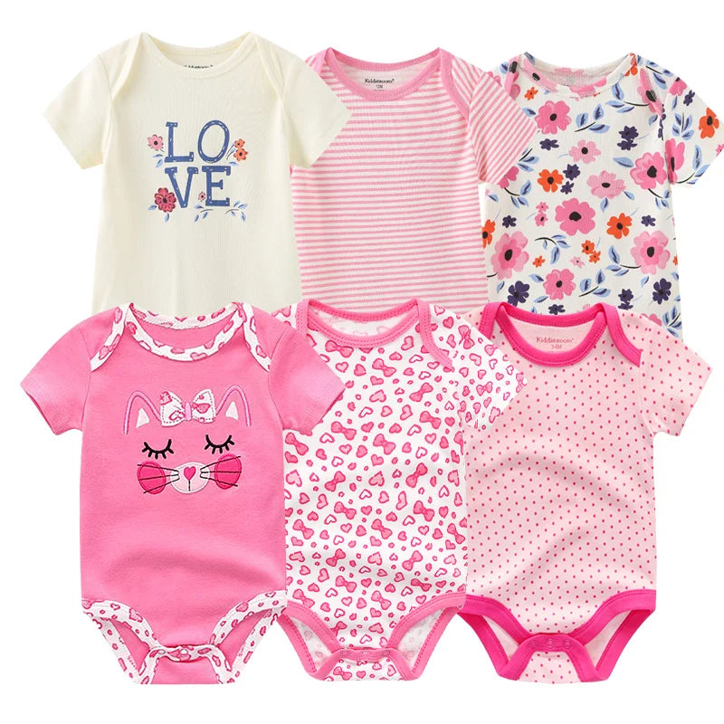 6PCS Newborn Girls Baby Clothing Solid Cotton Baby Boy Clothes Short Sleeve Bodysuits Baby Girl Clothes Print Roupas de bebe