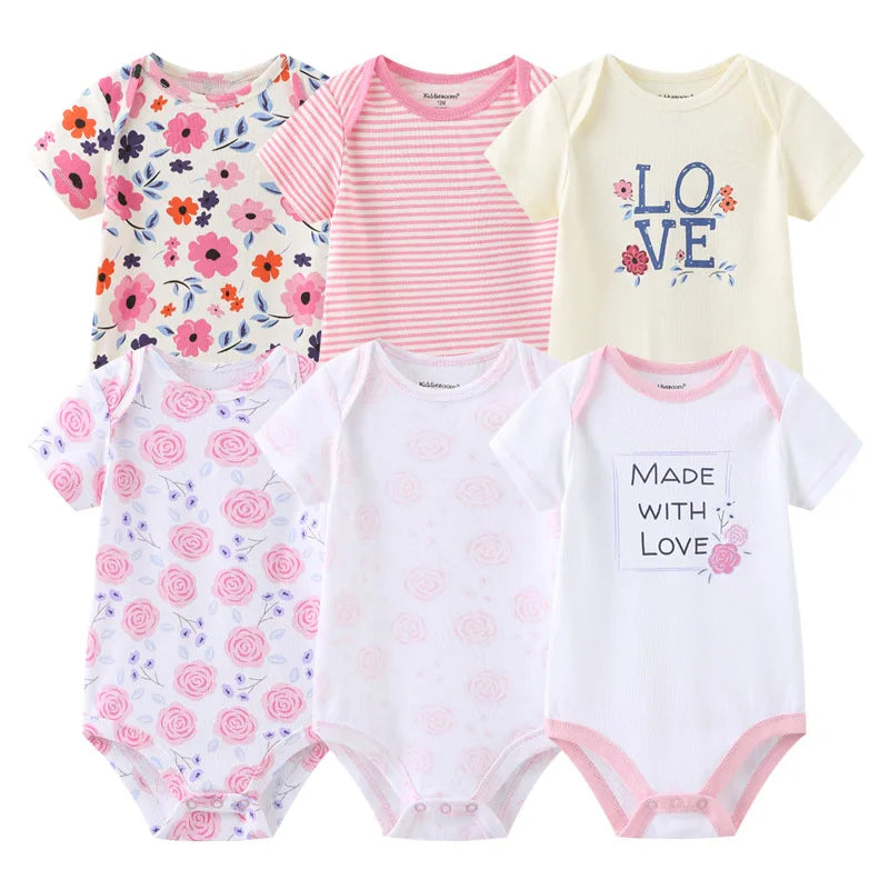 6PCS Newborn Girls Baby Clothing Solid Cotton Baby Boy Clothes Short Sleeve Bodysuits Baby Girl Clothes Print Roupas de bebe