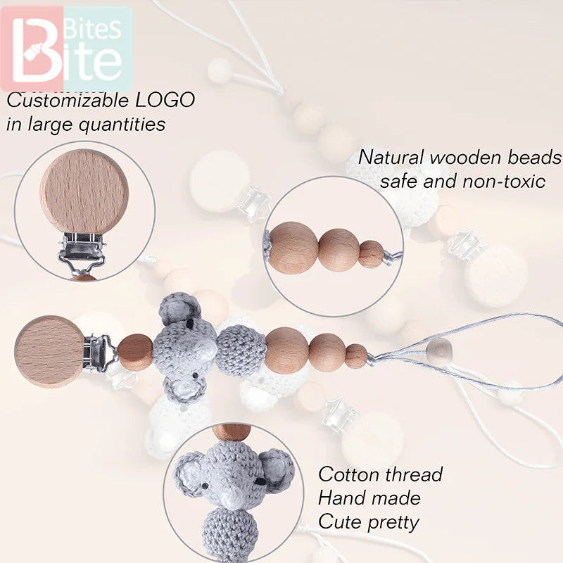 Baby Pacifier Chain Elephant Wooden Clip Geometric Crochet Beads Bag Wood Teether Tiny Rod Dummy Clips Baby Pacifier Holder