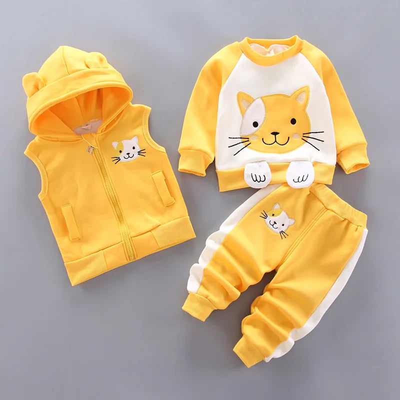 2023 Winter Baby Boy Clothes Sets Autumn Cotton Thick Warm Hooded Sweater Cartoon Cute Bear Three-Piece Baby Girl Suit 0-5Y