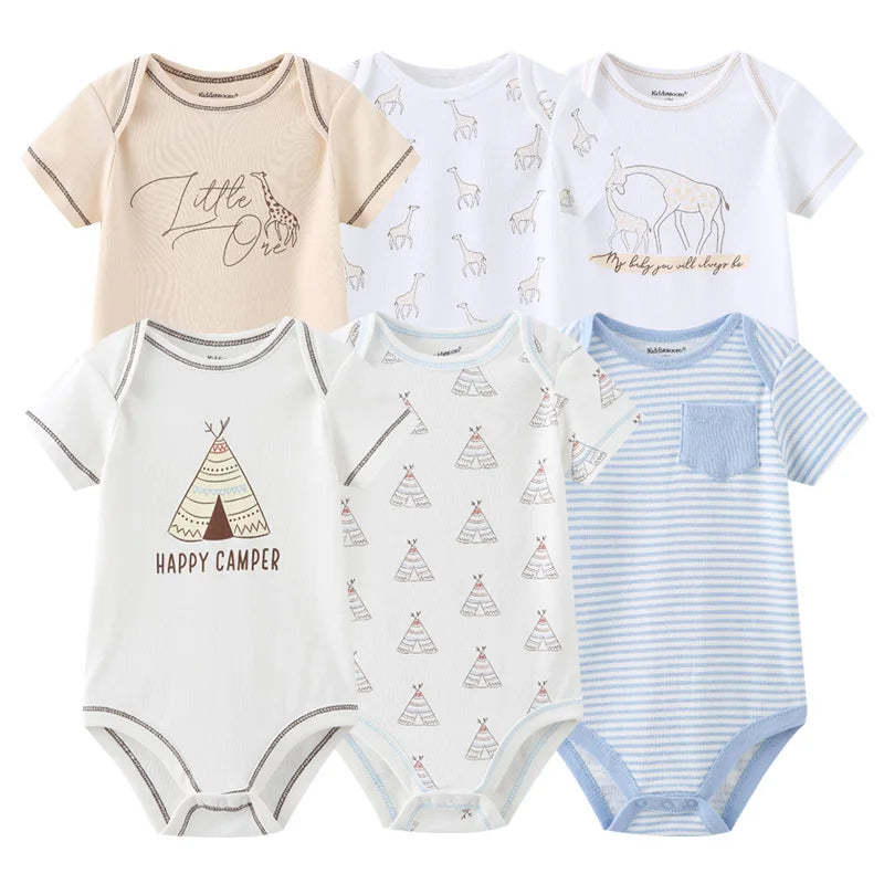 6PCS Newborn Girls Baby Clothing Solid Cotton Baby Boy Clothes Short Sleeve Bodysuits Baby Girl Clothes Print Roupas de bebe