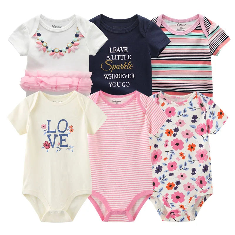 6PCS Newborn Girls Baby Clothing Solid Cotton Baby Boy Clothes Short Sleeve Bodysuits Baby Girl Clothes Print Roupas de bebe