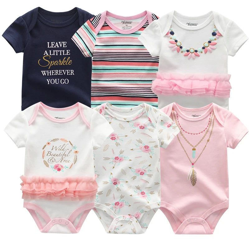 6PCS Newborn Girls Baby Clothing Solid Cotton Baby Boy Clothes Short Sleeve Bodysuits Baby Girl Clothes Print Roupas de bebe
