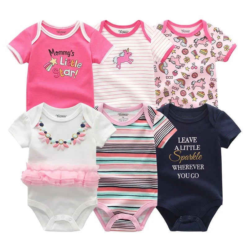 6PCS Newborn Girls Baby Clothing Solid Cotton Baby Boy Clothes Short Sleeve Bodysuits Baby Girl Clothes Print Roupas de bebe