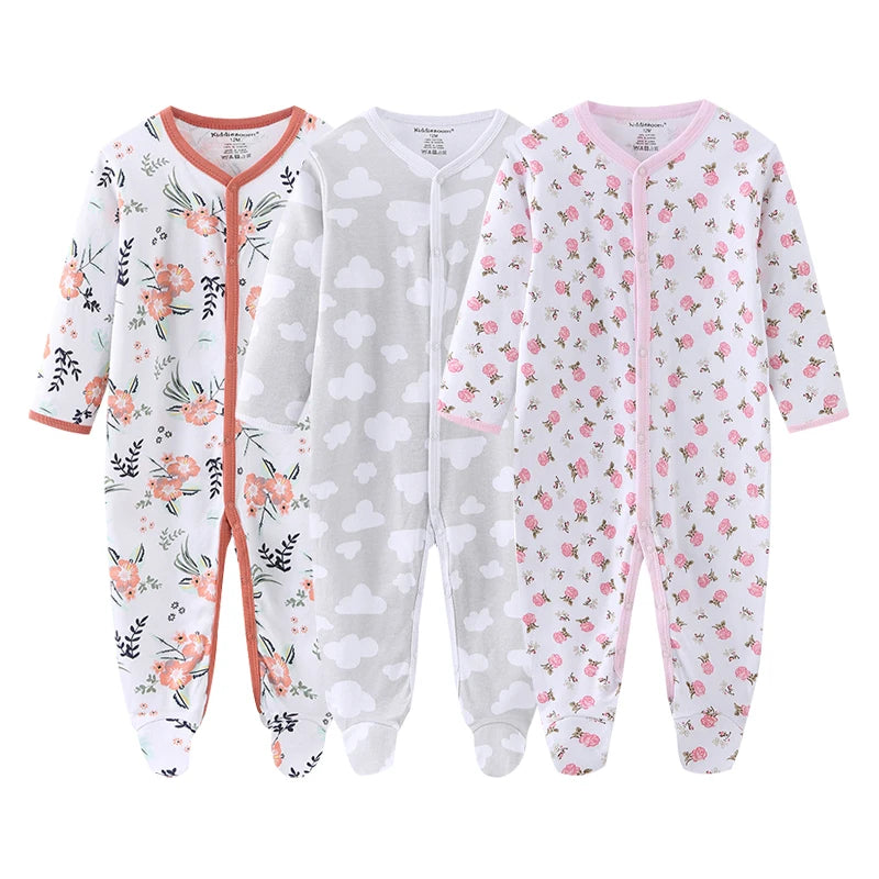 1/3Pieces Baby Girl Clothes Sets Cotton Baby Boy Clothes Solid Color Newborn Romper Print Long Sleeve Cartoon Autumn Spring