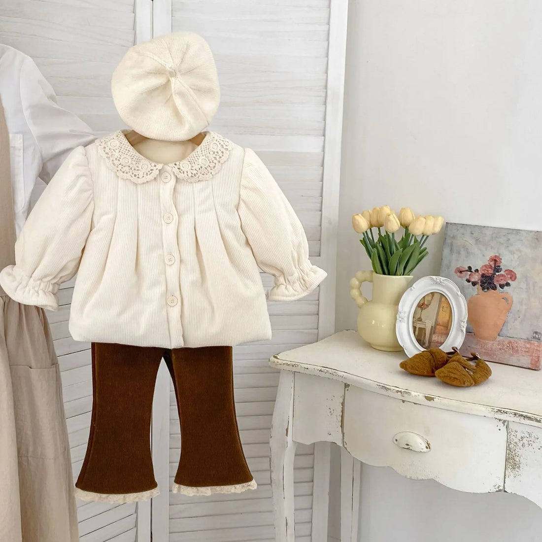 Lace Lapel Fleece Girls Coat