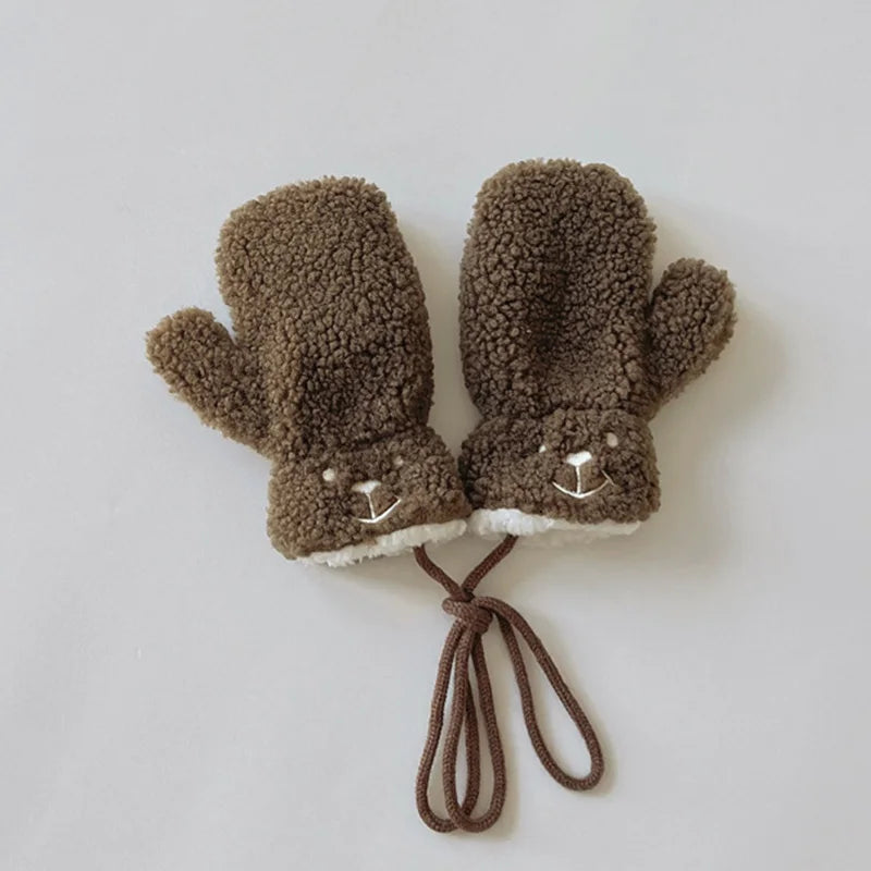 1-4Y Baby Cartoon Bear Label Mittens Winter Warm Kids Girls Gloves Soft Fur Children Toddler Thick Child Fleece Cartoon Mittens