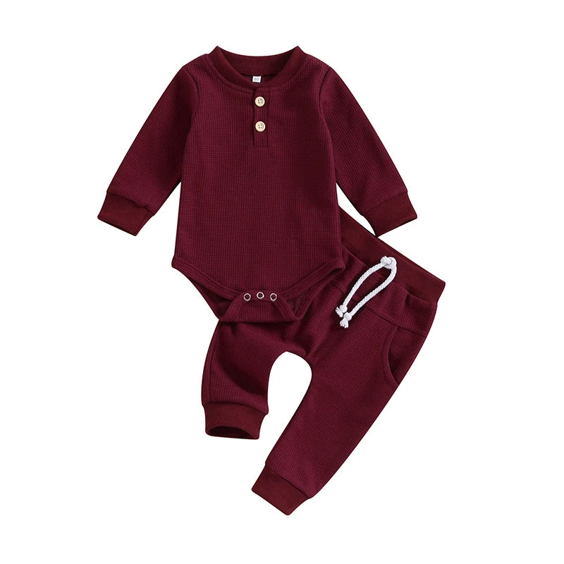 Pudcoco Infant Baby Girll Boy Waffle Jumpsuit Outfits Solid Color Long Sleeve Romper with Elastic Waist Pants 0-12M