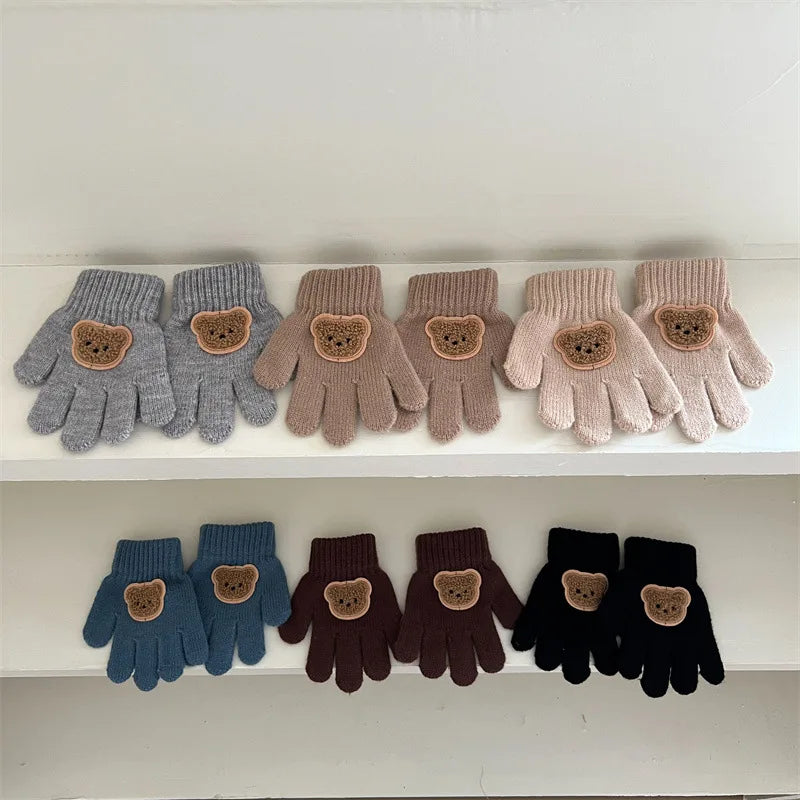 3-7Y Baby Cartoon Bear Mittens Winter Warm Kids Girl Solid Doll Gloves Knitted Children Toddler Thick Teething Mitten Handschoen