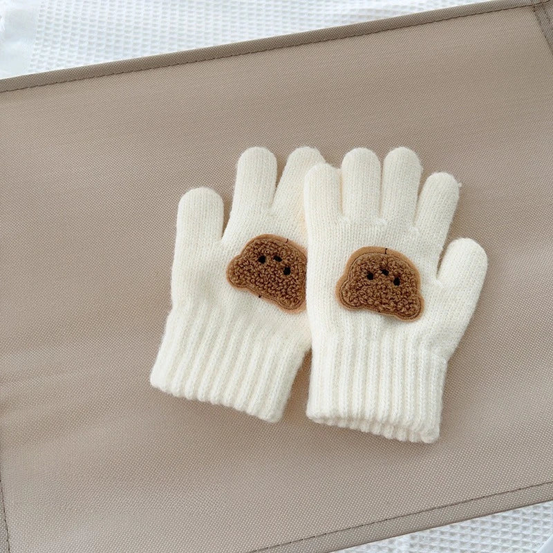 3-7Y Baby Cartoon Bear Mittens Winter Warm Kids Girl Solid Doll Gloves Knitted Children Toddler Thick Teething Mitten Handschoen