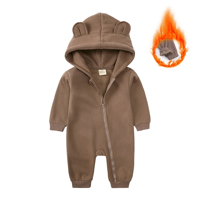 2025 Infant Baby Boys Girls Print Romper Newborn Cotton Fleece Hooded Jumpsuit Toddler Warm Cute Bodysuit Costume For 0-24M