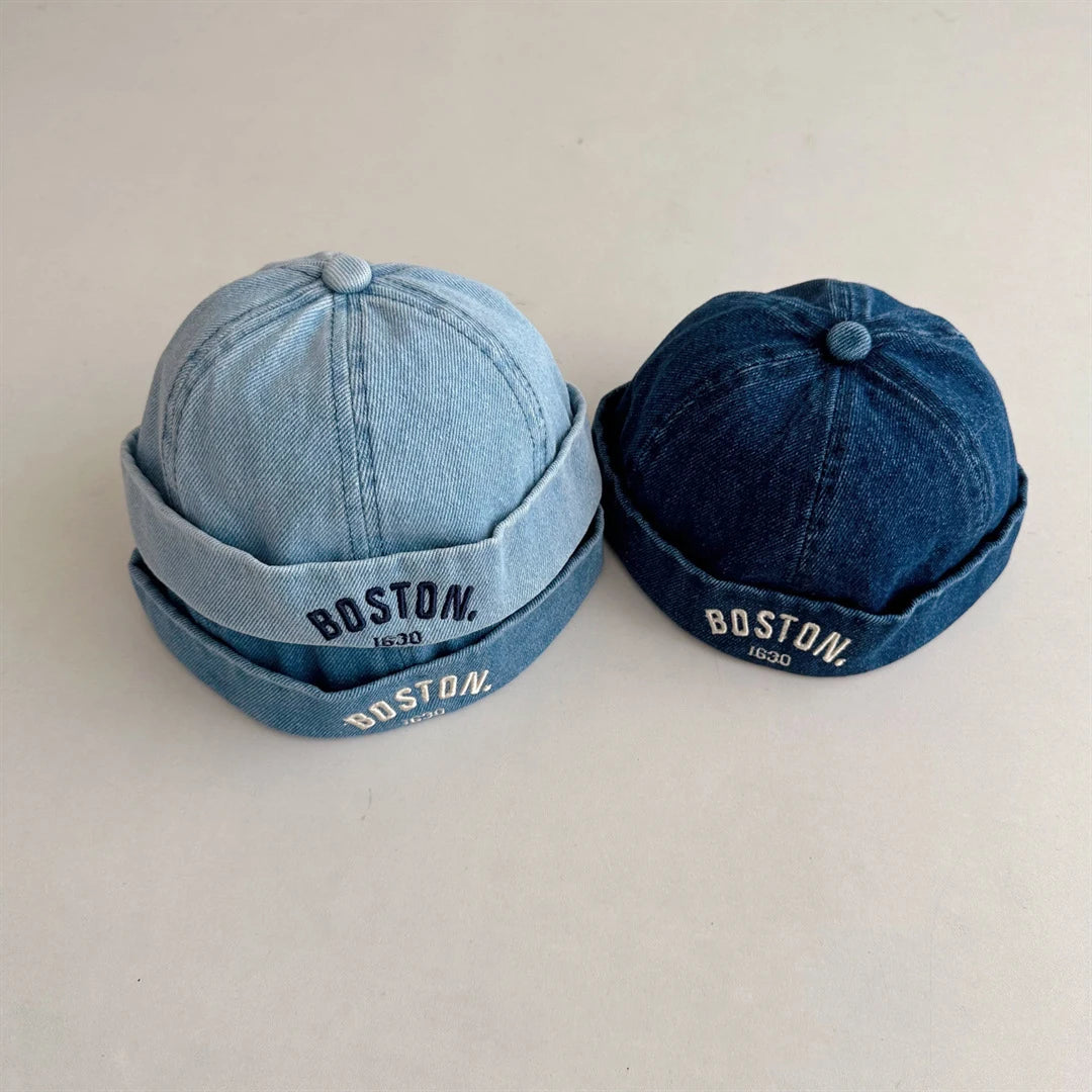Korean Denim Melon Capfor Baby Hip Hop Letter Embroidered Brimless Hat Adjustable Kids Landlord Hats Retro Dome Docker Beanies