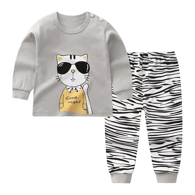 2024 New Kids Boys Girls Pajama Sets Cartoon Print Long Sleeve Cute T-Shirt Tops with Pants Toddler Baby Sleeping Clothing Sets